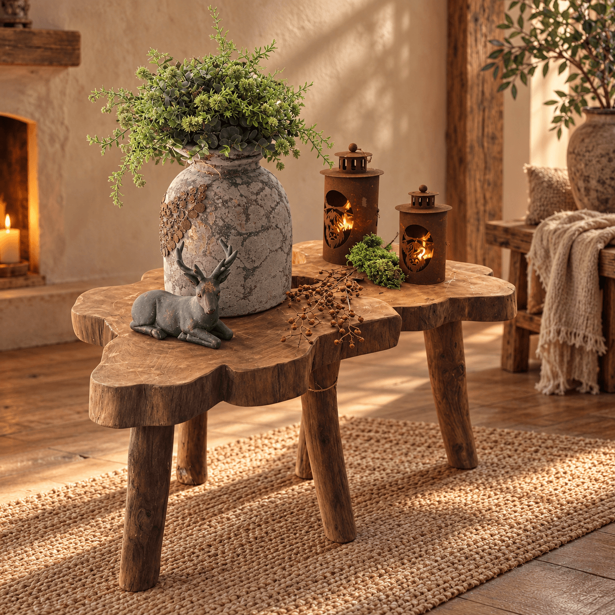 Robuuste houten boomstamtafels